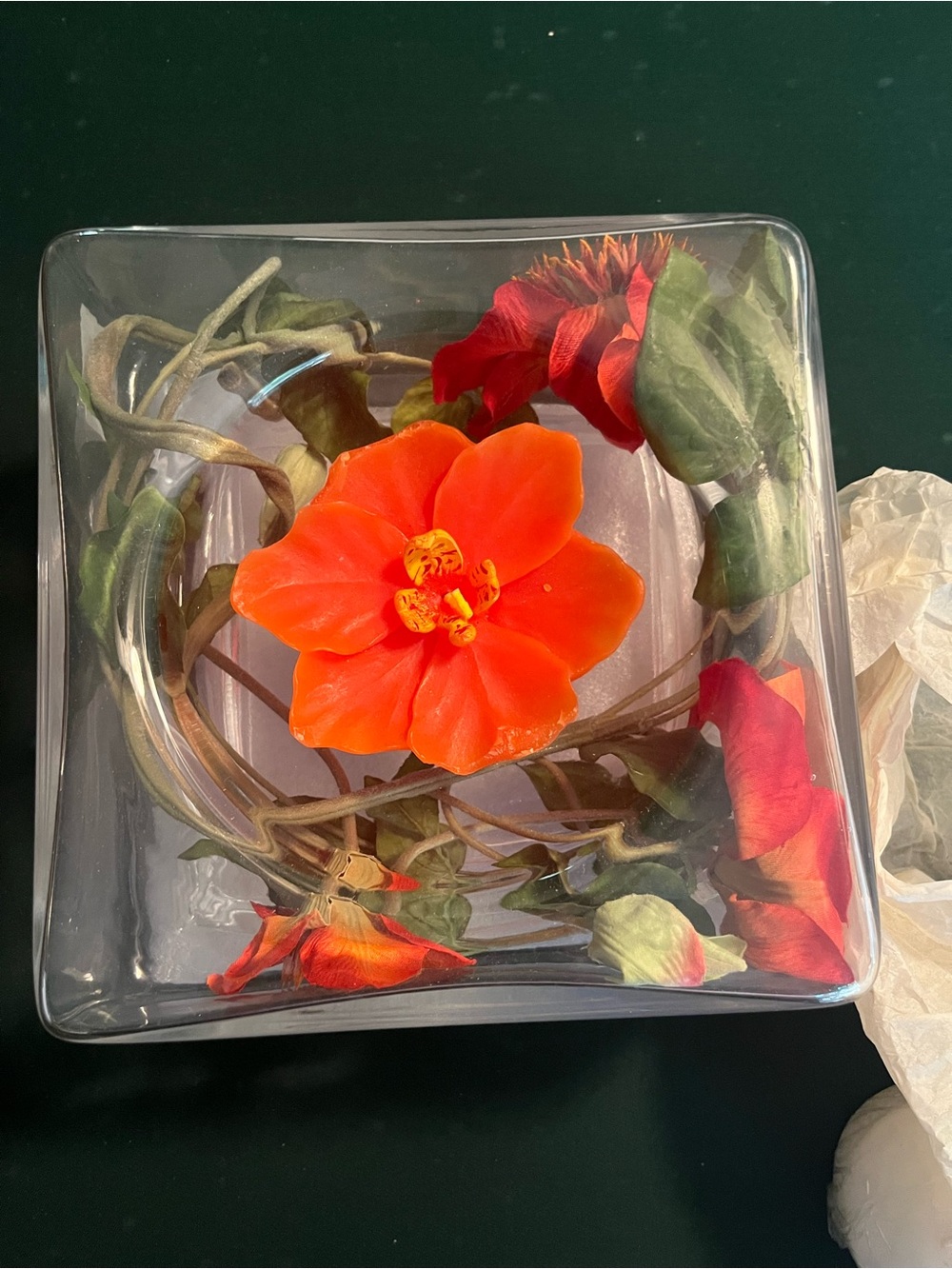 Orange Floral Glass Cube Centerpiece